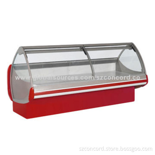 Curved glass display case, used for frozen meat, fish, beer, beverage and more